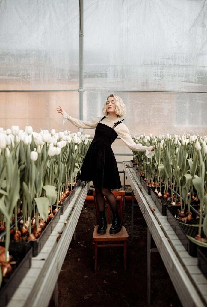 tulips, greenhouse, phone wallpaper, flowers, flower wallpaper, beautiful flowers, dress, model, nature, posing, fashion, modeling, aesthetic wallpaper, flower background, iphone wallpaper